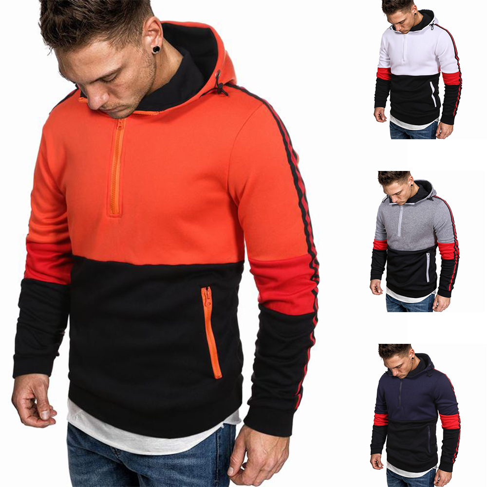 Men's Stitching Contrast Color Casual Hooded Sweater