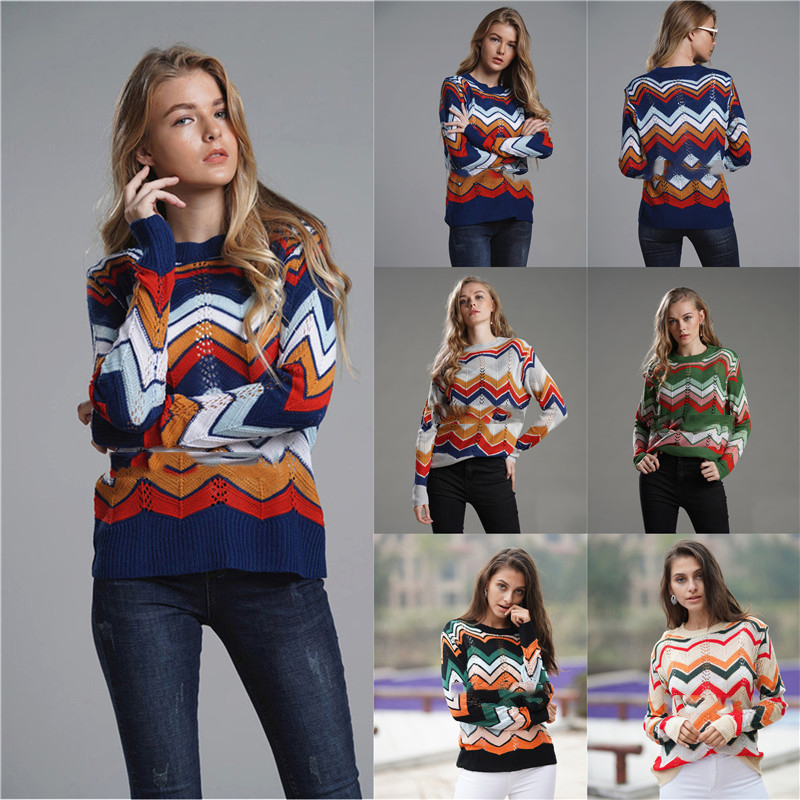 Round Neck Sweater Pullover Striped Rainbow Blouse