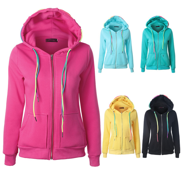 Colorful Drawstring Hooded Zipper Pocket Cardigan Jacket