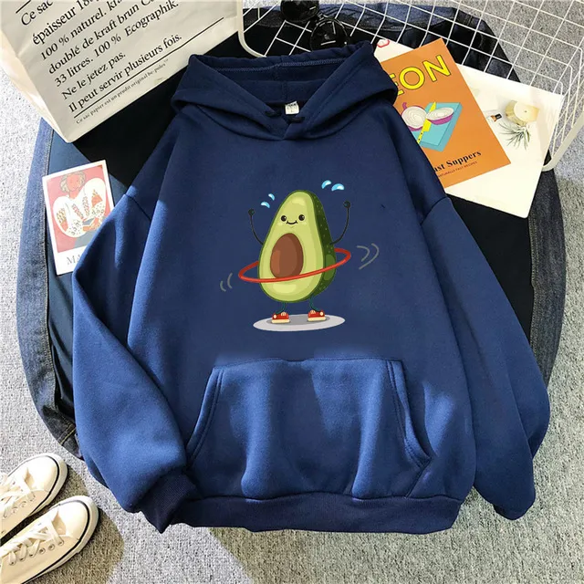 Hoodies Sporty Cartoon Avocado Print Warm New Sweatshirt Wom Dark Blue - Shop at LoveMi