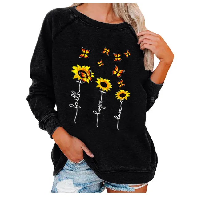 Women's Round Neck Loose Butterfly Daisy Print Sweater Black - Shop at LoveMi