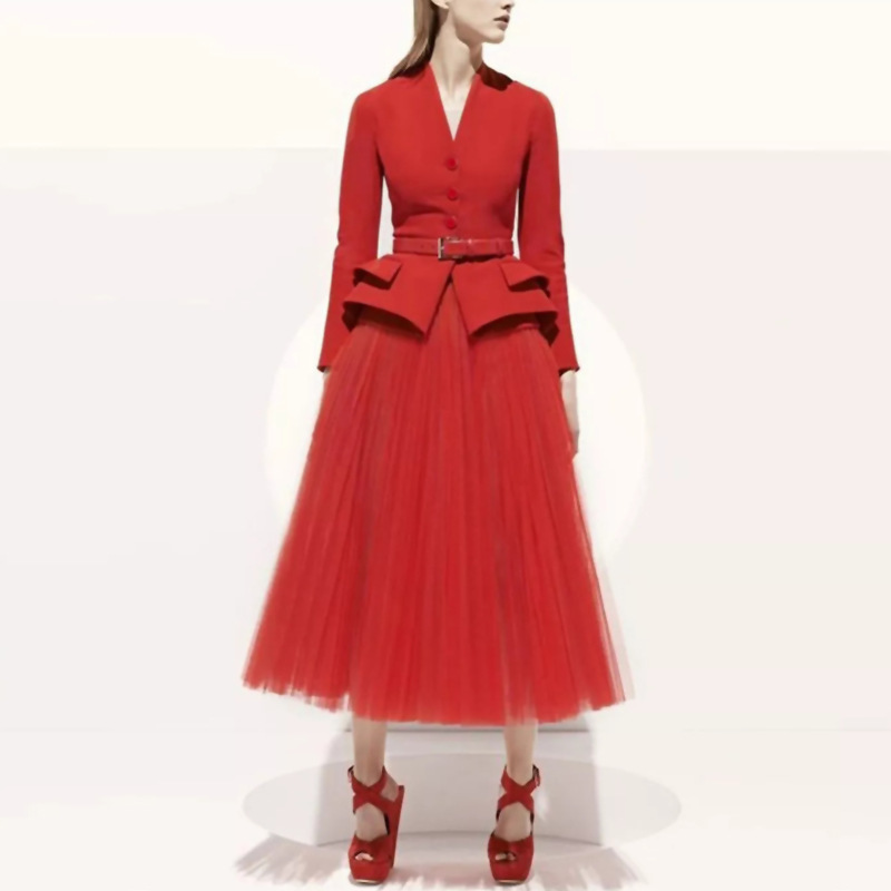 V-Neck Long-Sleeved Red Jacket With Belt + Mesh Half Skirt Suit