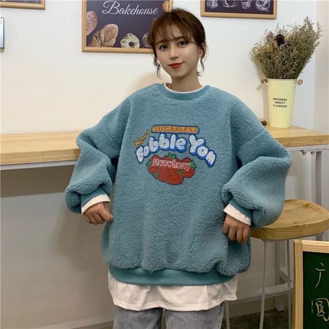 Lamb Plush Padded Pullover Sweater Coat Women Blue - Shop at LoveMi