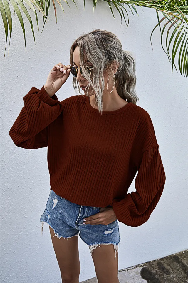 Round Neck Lantern Sleeve Casual Pit Knit Top Caramel Colour - Shop at LoveMi