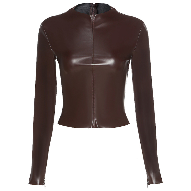 Long sleeved Round Neck Zipper Faux Leather Solid Color Cardigan Brown - Shop at LoveMi