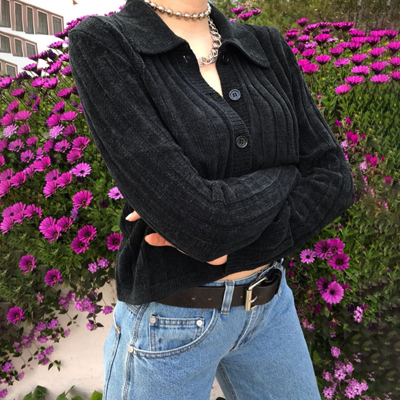 Retro Lapel Single-Breasted Long-Sleeved All-Match Cardigan Jacket Women