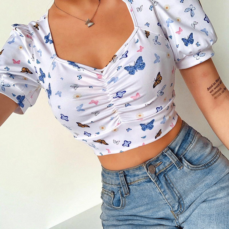 Butterfly Print Puff Sleeve V-neck T-shirt Women