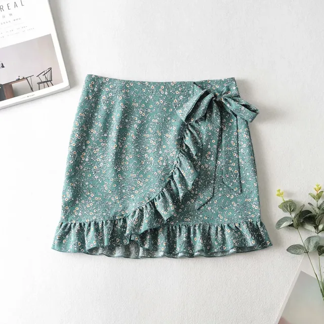 French Waist Lace Printed Skirt Skirt Women Green - Shop at LoveMi
