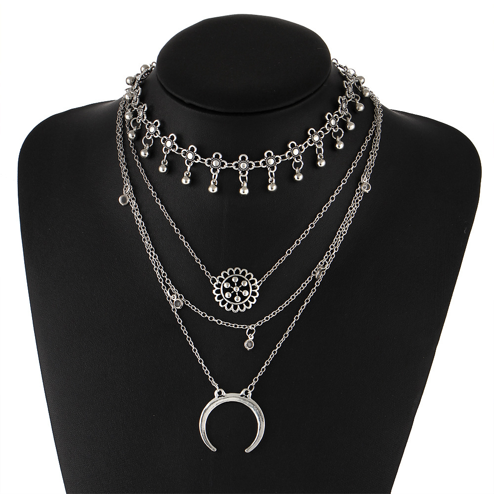 Retro Flower Plate Moon Multilayer Breast Chain Clavicle Necklace