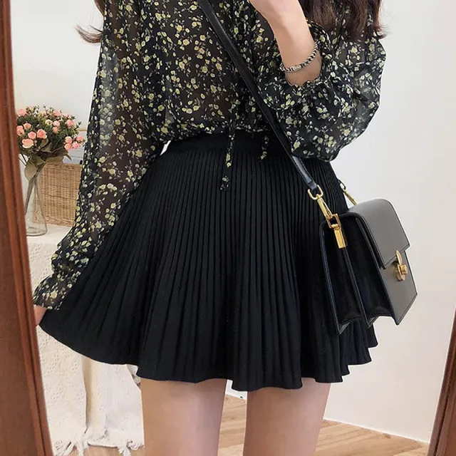 Korean Style Pure Color Pleated Skirt For Spring And Summer Black - Shop at LoveMi