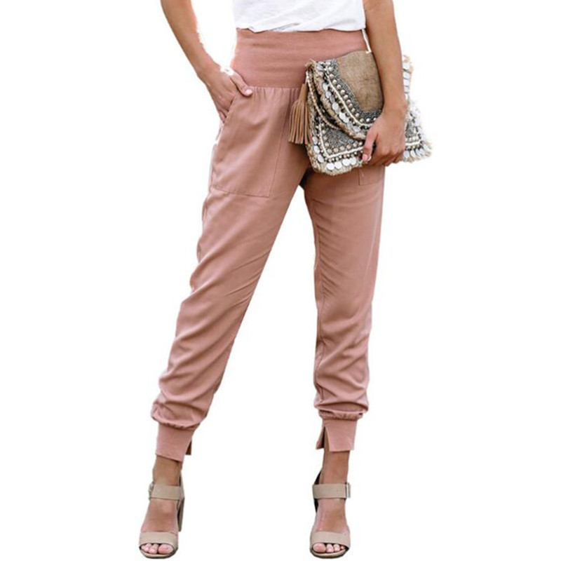 Solid Color Women's High Waist Cropped Trousers with Slits Pink - Shop at LoveMi