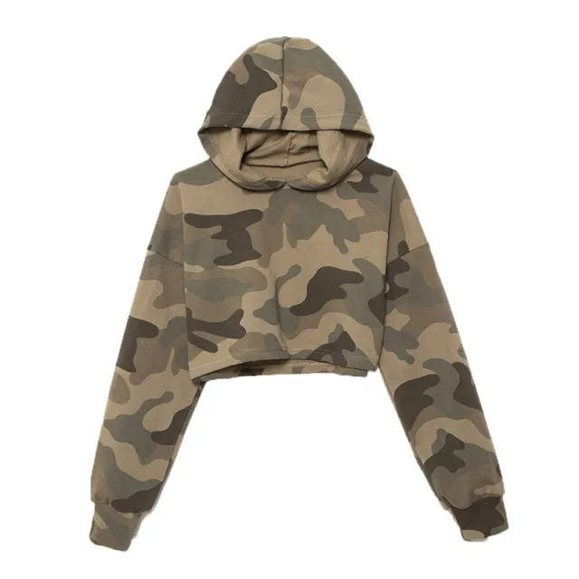Cropped Camouflage Sweater Women's Hooded Long sleeved Loose Top Green - Shop at LoveMi