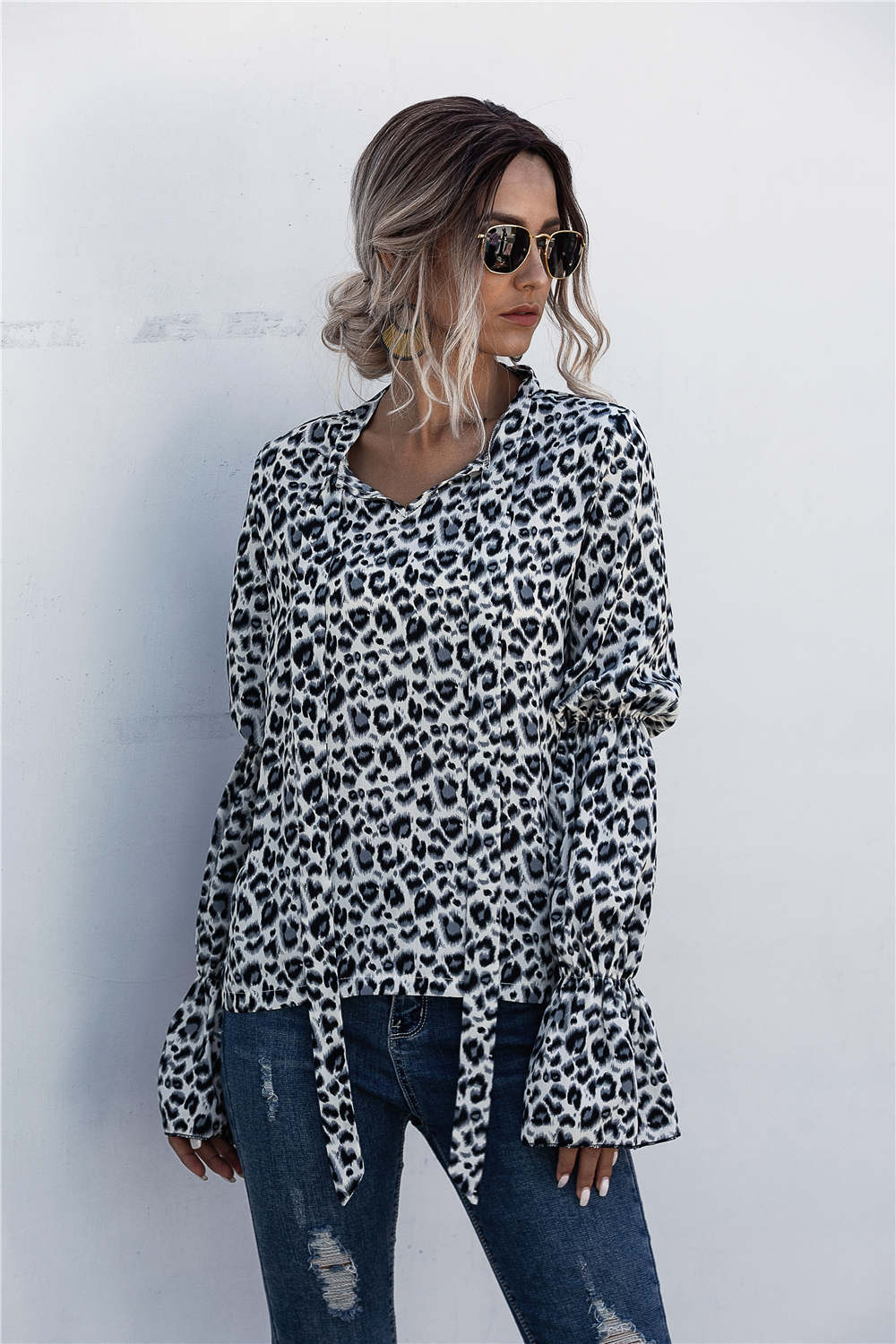 Leopard Print Lace-up Lantern Sleeve Blouse