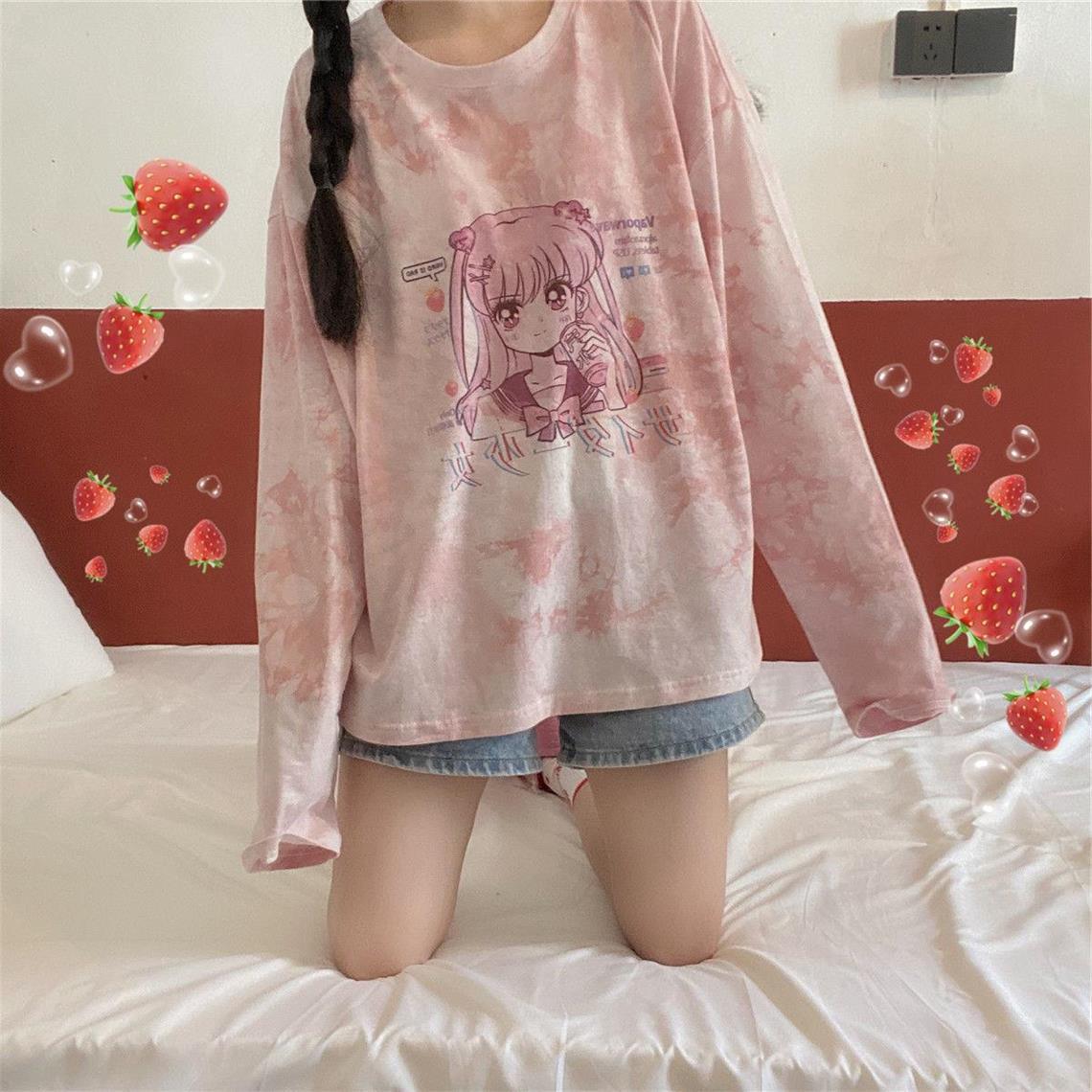 Loose Cartoon Comic Girl Print Round Neck Long Sleeve