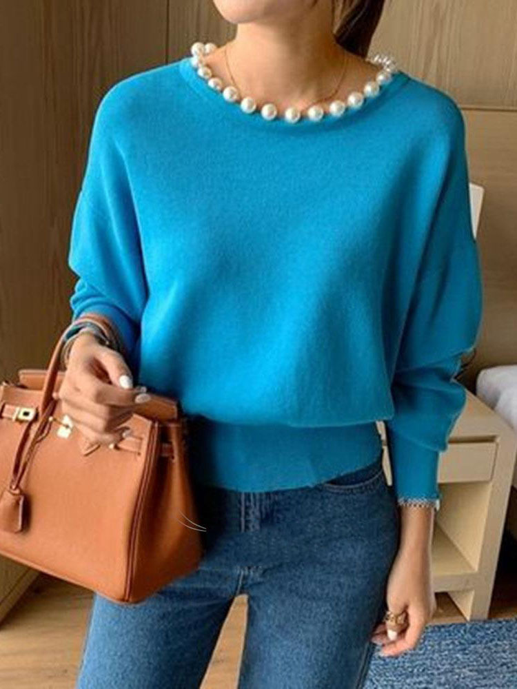 Women's Solid Color Slim Round Neck Pullover Sweater