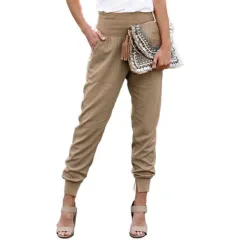 Solid Color Women's High Waist Cropped Trousers with Slits - Khaki - View 1