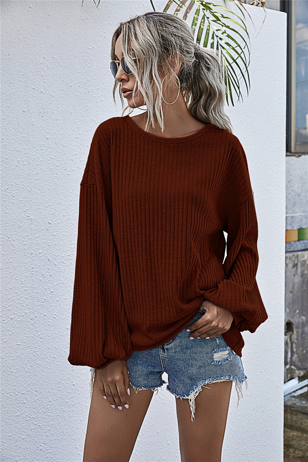 Round Neck Lantern Sleeve Casual Pit Knit Top
