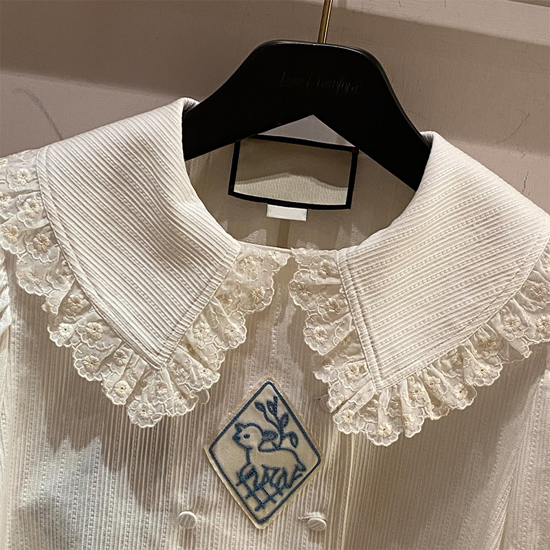 New Ruffled Embroidered Doll Collar Short Sleeve Loose Blouse Women Trendy Top