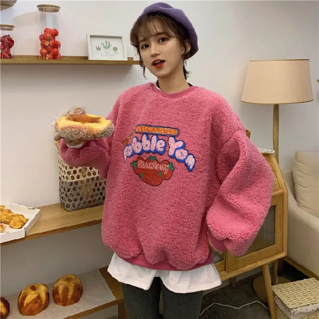 Lamb Plush Padded Pullover Sweater Coat Women Pink - Shop at LoveMi