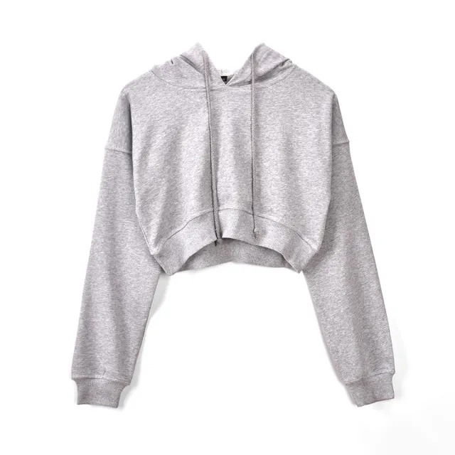 Women's Solid Color Leaky Belly Button Short Hooded Top Grey - Shop at LoveMi