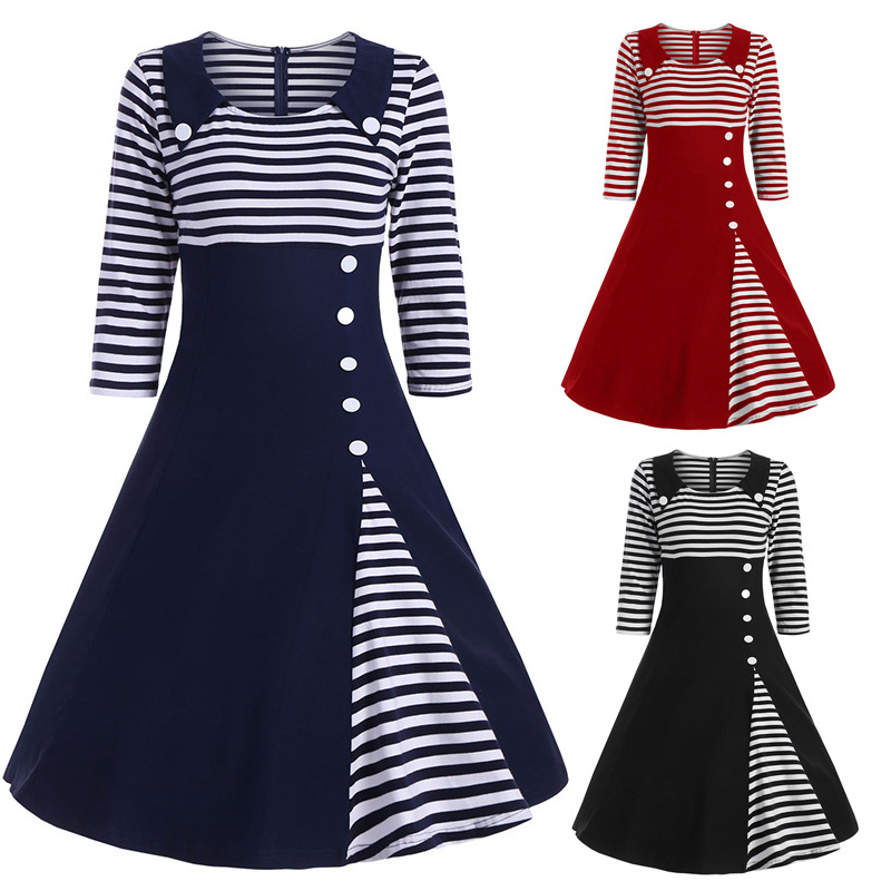 Women's Hepburn Retro Striped Stitching Sleeves