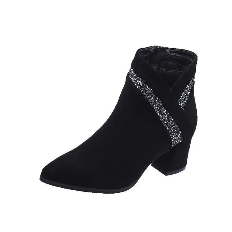 Women's Velvet Warm High-Heeled Martin Boots - Black