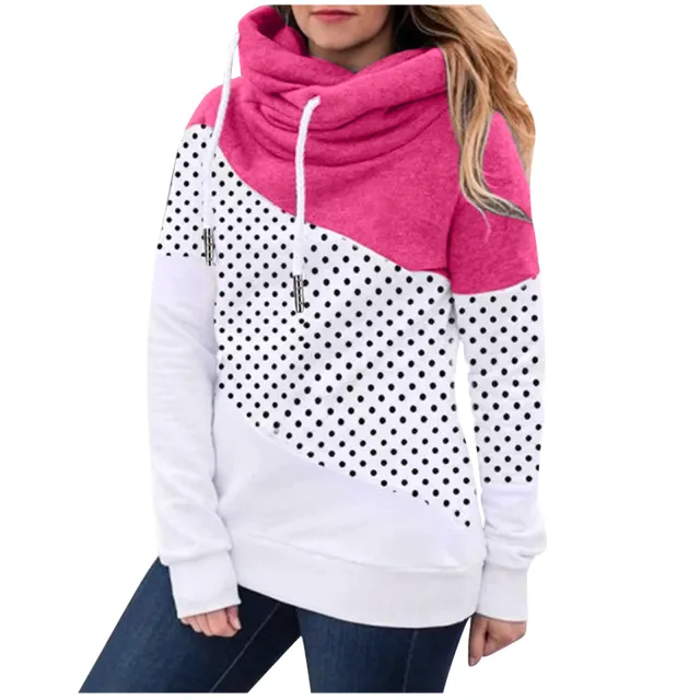 Fleece Ladies Fashion Contrast Stitching Hooded Sweater Pink - Shop at LoveMi