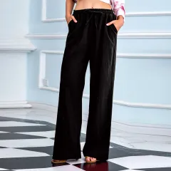 Elastic Waist Bangs All-match Straight Casual Wide-leg Pants - Black - View 1