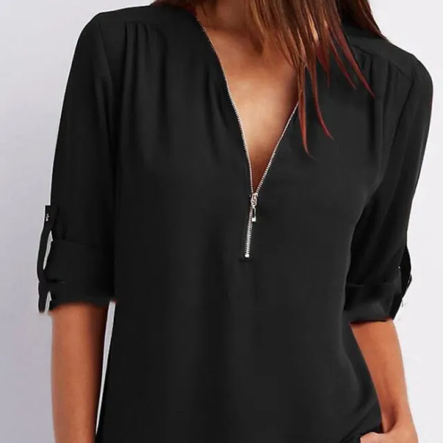 V neck Zipper Plus Size Women's Long Sleeved Loose Chiffon Shirt Black - Shop at LoveMi