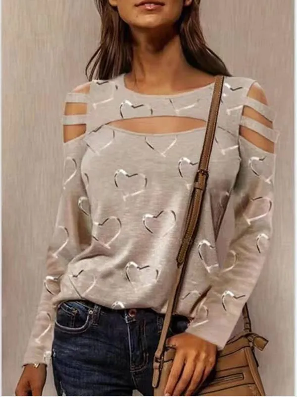Half High Neck Long Sleeve Printed High Neck Cotton t Shirt Apricot - Shop at LoveMi