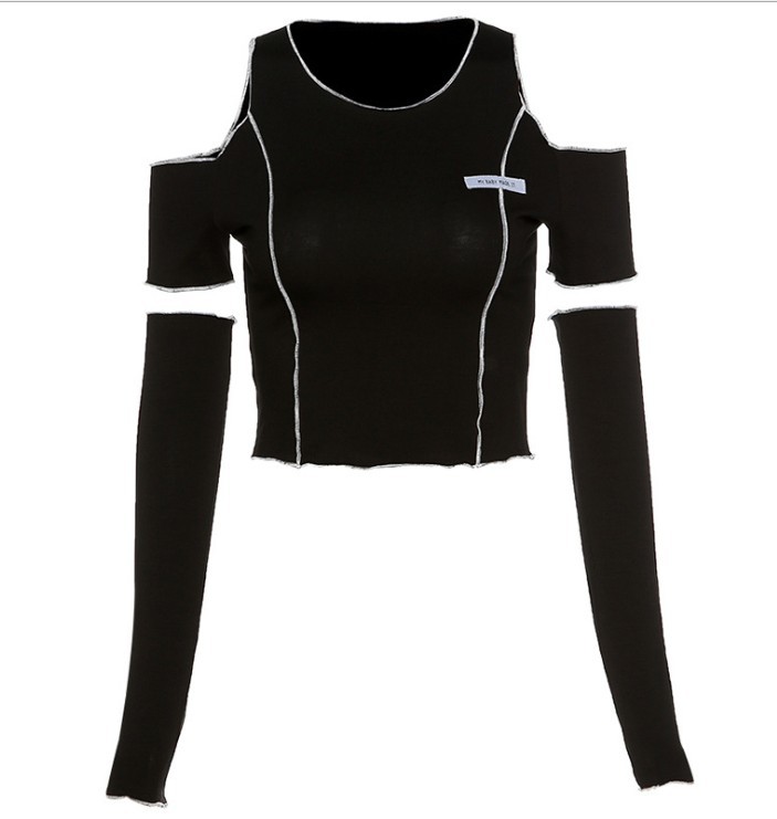 Net Red Irregular Sexy Elbow Strapless Hit Color Fake Two Long-Sleeved T-Shirts