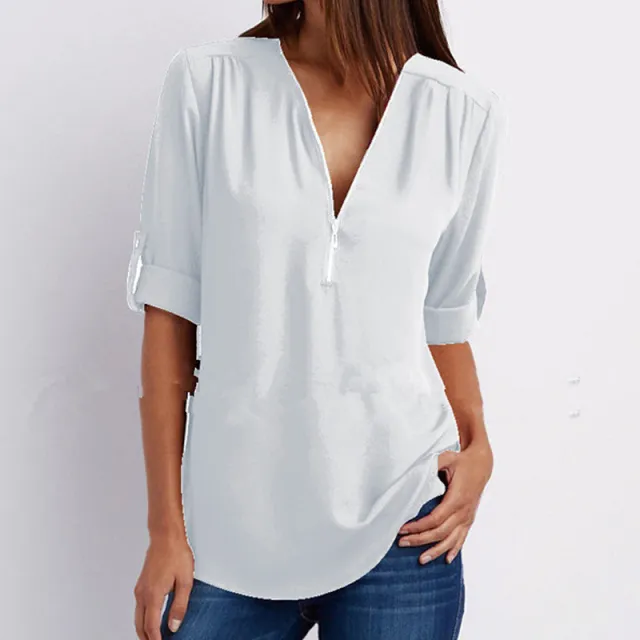 V neck Zipper Plus Size Women's Long Sleeved Loose Chiffon Shirt White - Shop at LoveMi