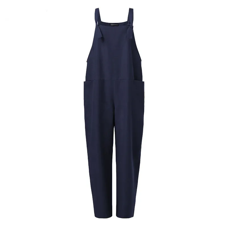 Women's Solid Colour Pocket Suspenders One-Piece Trousers - Blue
