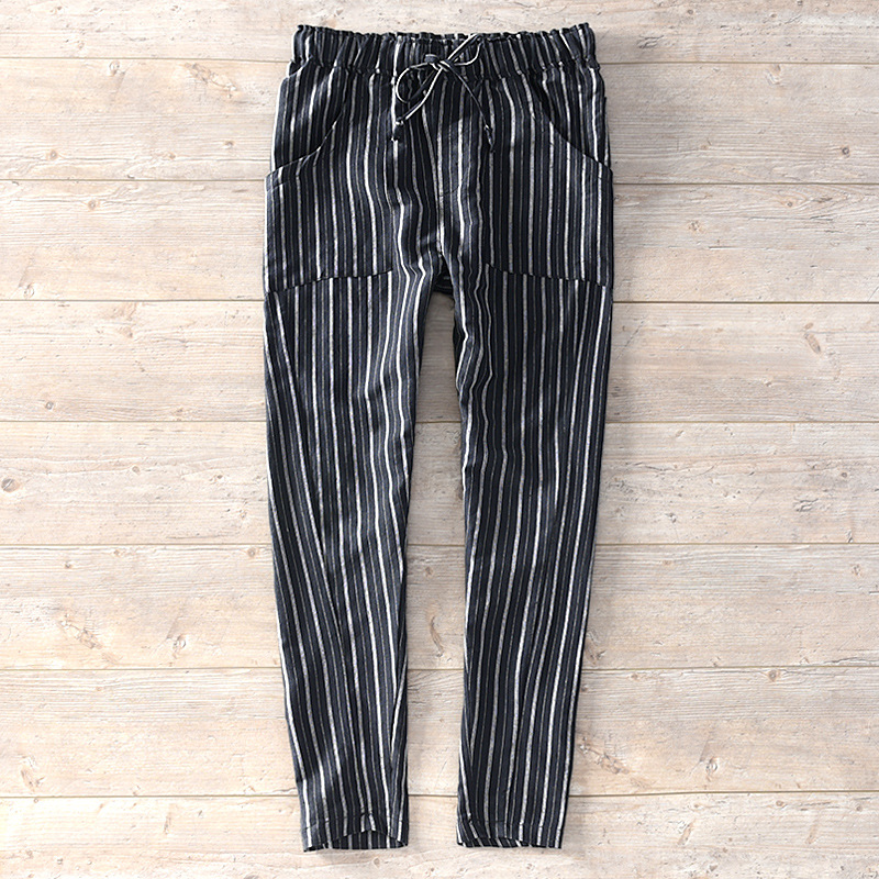 Striped Linen Casual Trousers Elastic Waist Tie