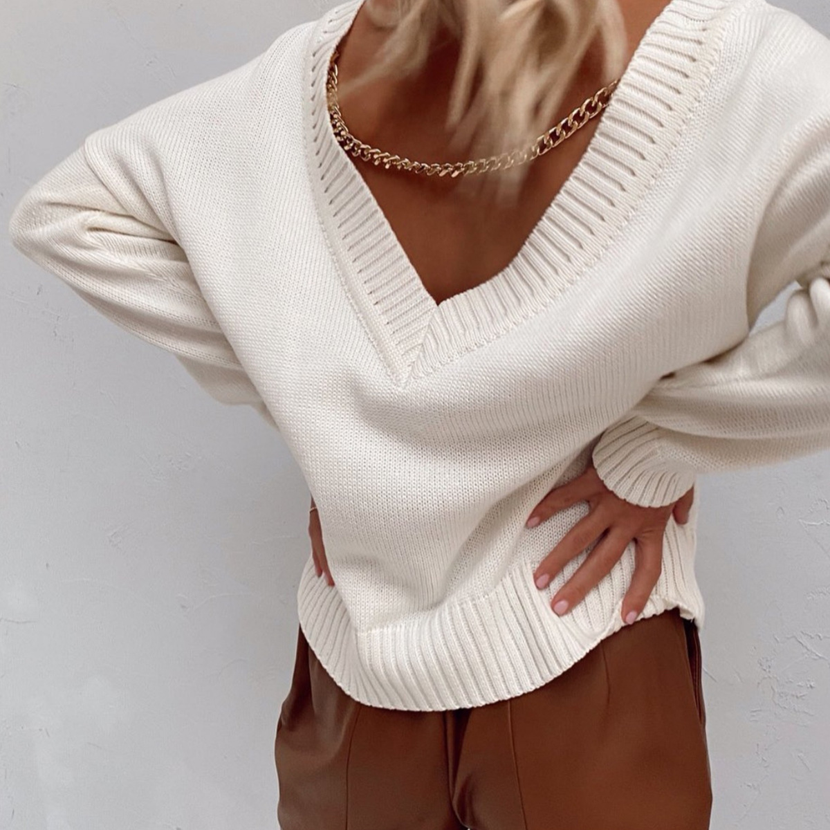 Fashion All-match Solid Color Sexy Deep V Sweater