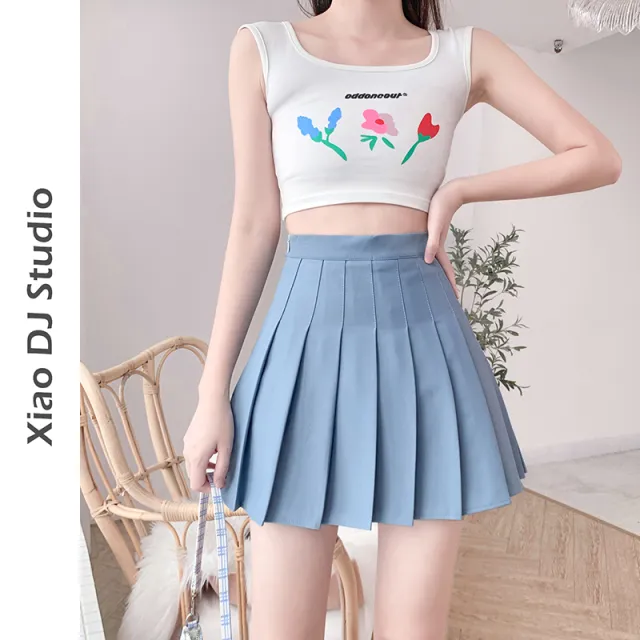 Female Autumn And Winter Student High waisted A line Pleated Skirt Blue Short - Shop at LoveMi