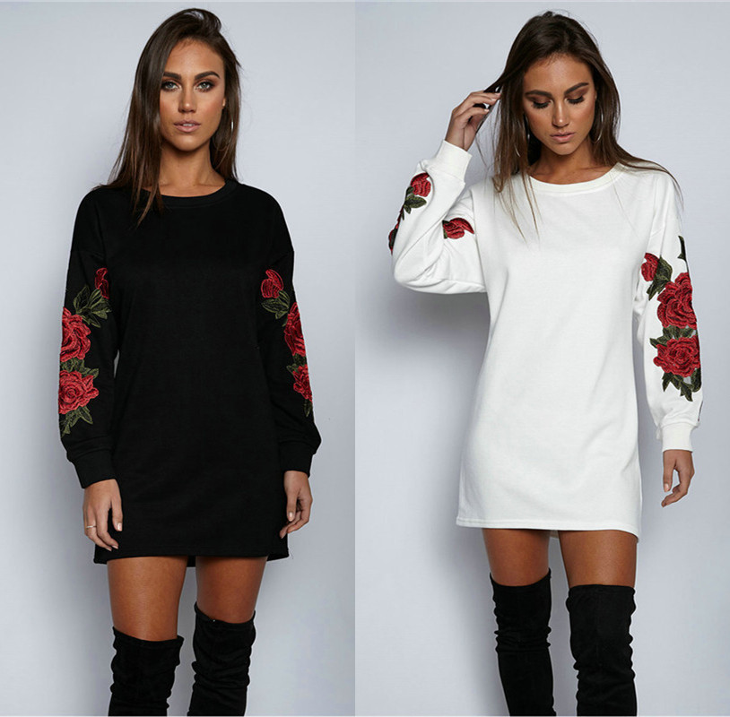 Three Dimensional Flower Embroidery Round Neck Long Sleeve Sweater Women's Top