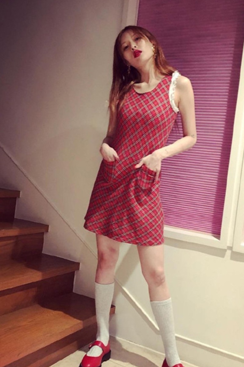 Round Neck Fashion Western Red Plaid Short Lace Stitching Short Skirt Vest Dress