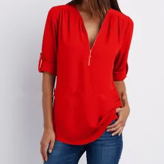 V-neck Zipper Plus Size Women's Long-Sleeved Loose Chiffon Shirt - Red - View 1
