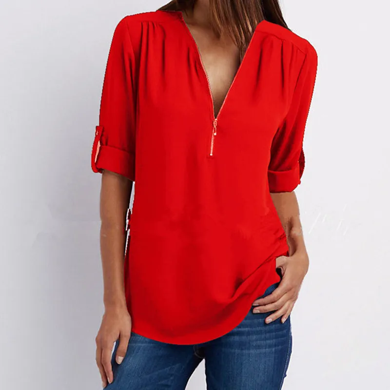 V-neck Zipper Plus Size Women's Long-Sleeved Loose Chiffon Shirt - Red
