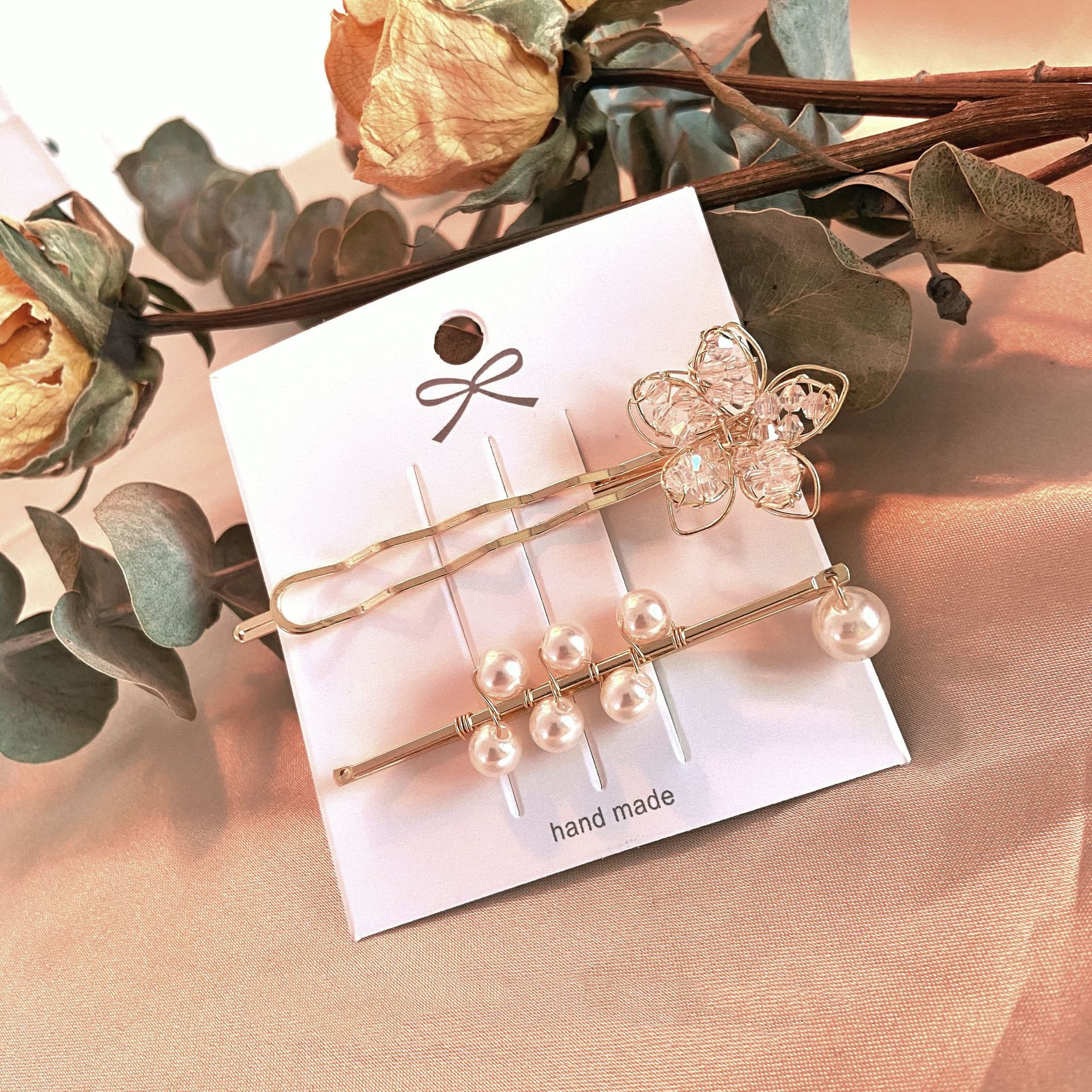 Korean Handmade Crystal Flower Word Clip Hairpin