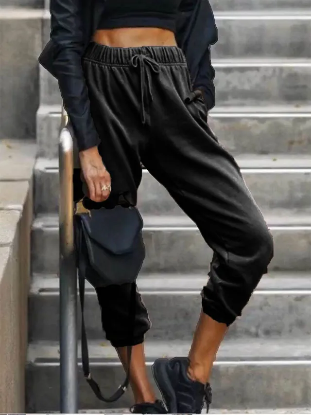 Pure Color Fashion Elastic Waist All Match Casual Harem Pants Black - Shop at LoveMi