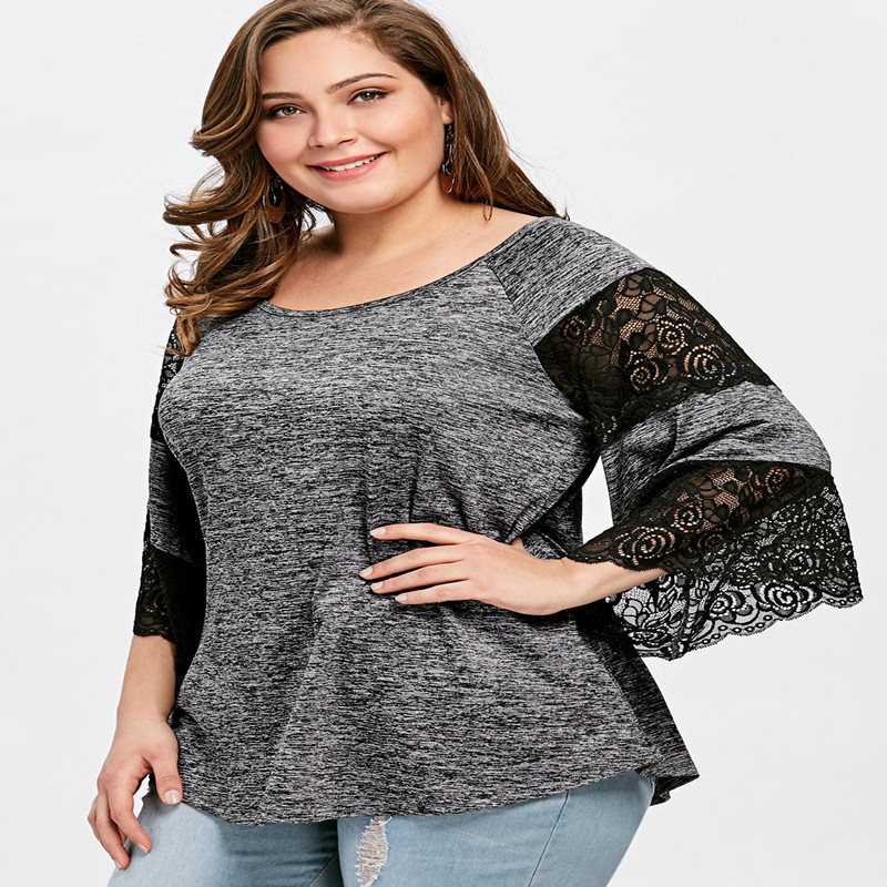 Sexy Lace Stitching Flared Sleeves Round Neck Three-Quarter Sleeves