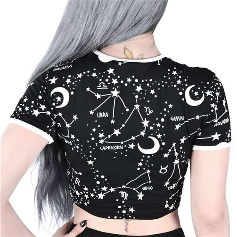 Strange Flavor Harajuku Style Star Print Color Block Round Neck Cropped Short T-shirt