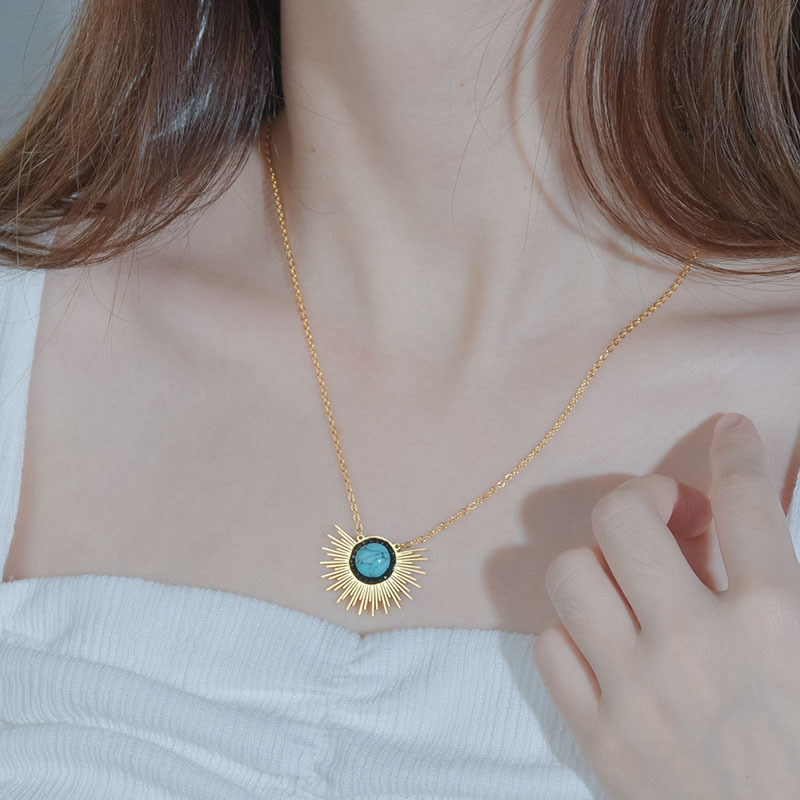 Sun Flower Necklace Women's Stainless Steel Inlaid Turquoise Pendant Clavicle Chain