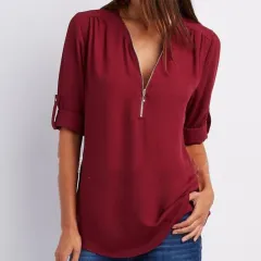 V-neck Zipper Plus Size Women's Long-Sleeved Loose Chiffon Shirt - Wine Red - View 1