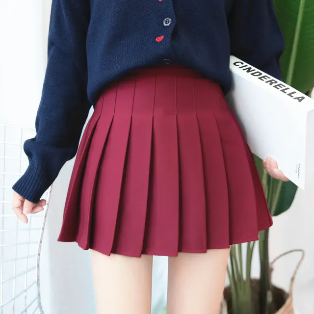 Female Autumn And Winter Student High waisted A line Pleated Skirt Wine Red Short - Shop at LoveMi