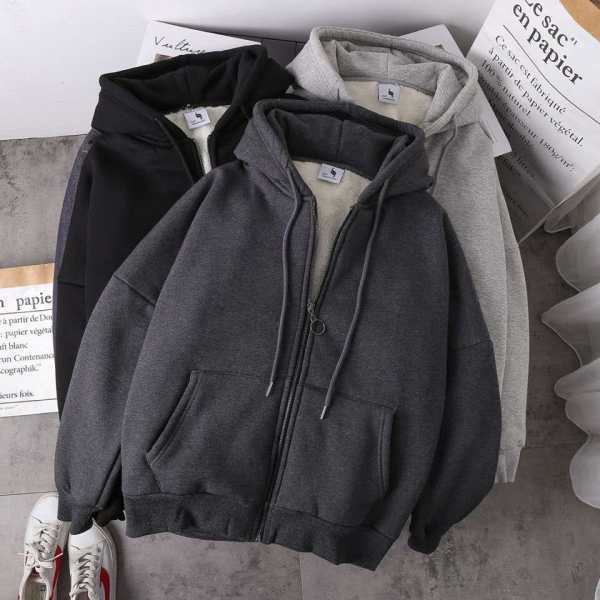 Autumn And Winter Loose Hooded Zipper Cardigan Sweater Dark Grey - Shop at LoveMi