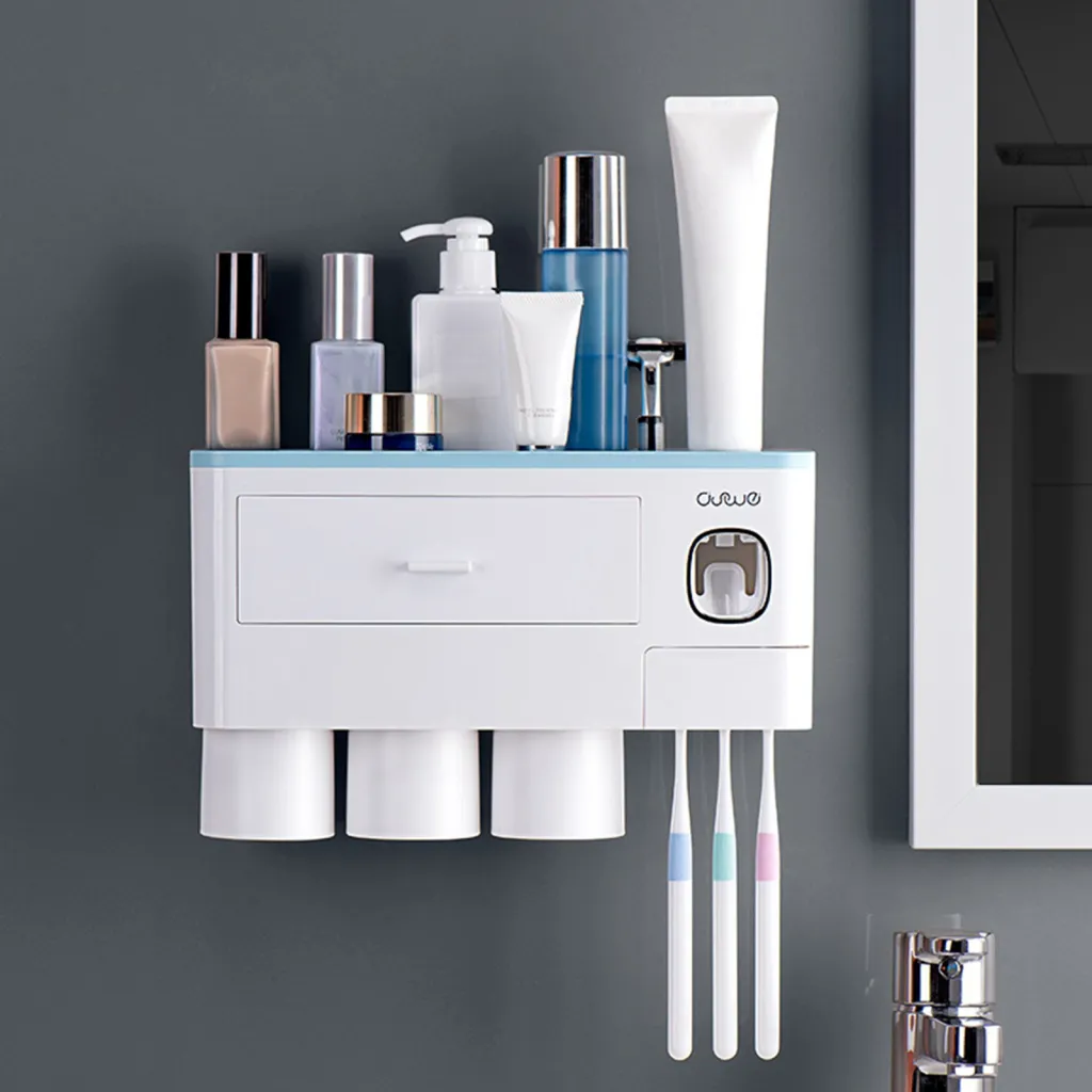 Toothbrush Rack Brushing Cup Mouthwash Wall-Mounted - Three Cups Of Blue