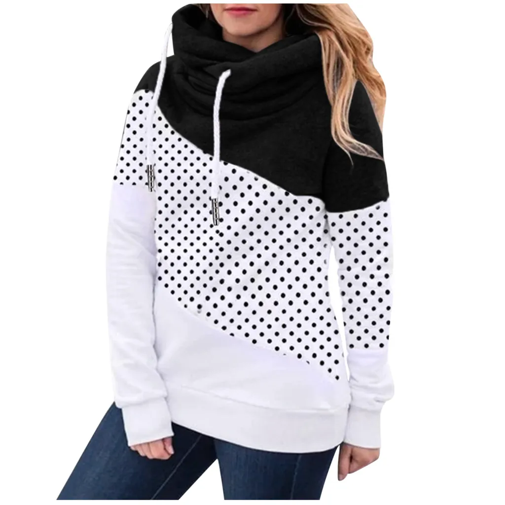 Fleece Ladies Fashion Contrast Stitching Hooded Sweater - Black